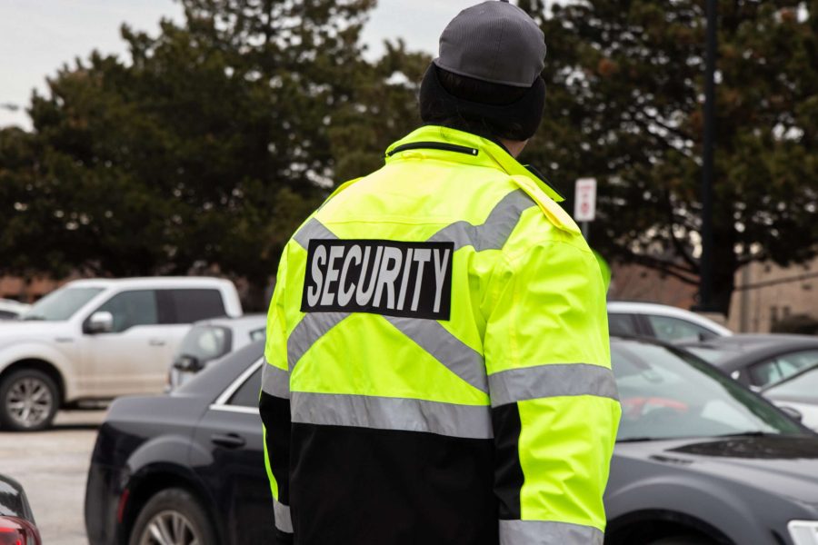 A rear view of parking security watching over the parking area